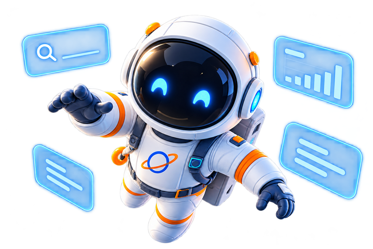 Der Webinaut als Illustration: ein kleiner Astronaut zwischen Suchfeld, Statistik und Textbausteinen